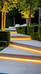 Poster - Stylish LED Lit Pathway in a Modern Manicured Garden at Twilight : Generative AI