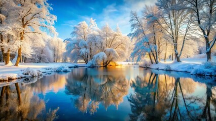 Poster - Winter Wonderland: Snow-Dusted Trees Reflecting in a Calm Pond