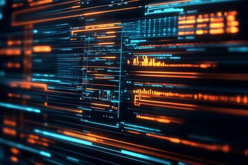 Poster - Futuristic Digital Interface with Glowing Orange and Blue Data Streams : Generative AI