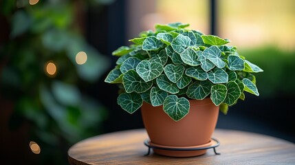 Wall Mural - A vibrant green Peperomia plant in a terracotta pot sits on a wooden table.