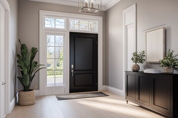 Poster - Elegantly Designed Home Entryway with Black Door and Sophisticated Plant Arrangement : Generative AI