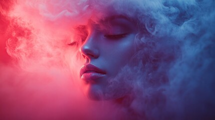 Wall Mural - Woman's face engulfed in red and blue smoke.