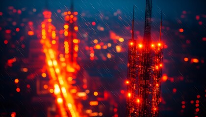 Poster - Vibrant Rainy City Nightscape with Radiant Skyscraper Illuminated by Neon Lights : Generative AI