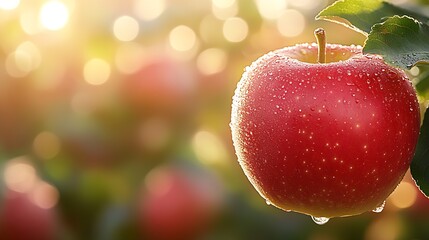 Aufkleber - Close-Up of Dew-Covered Red Apple in Morning Light : Generative AI
