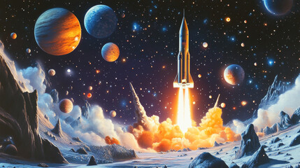 Poster - Space rocket launch paper cut. Cartoon vector 3d wavy double exposition frame with spaceship takeoff into starry galaxy with planets, stars and asteroids. Shuttle travel in Galaxy or Universe papercut