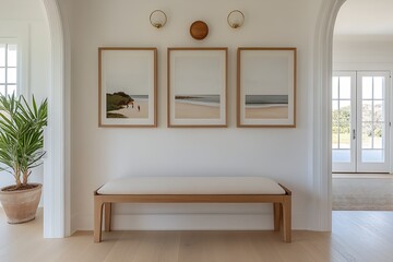Poster - Modern Home Interior with Framed Beach Photography and Wooden Accents : Generative AI