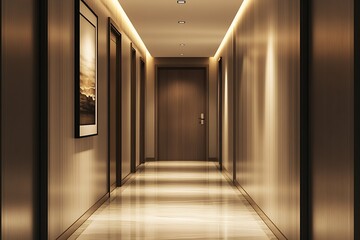 Poster - Luxury Hotel Corridor Interior Featuring Wooden Finish and Modern Elements for a Sophisticated Look : Generative AI
