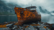 © Collorio - Abandoned rusty ship in misty fjord, atmospheric decay concept