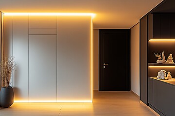 Poster - Modern Minimalist Hallway with Ambient LED Lighting and Contemporary Art Decor : Generative AI