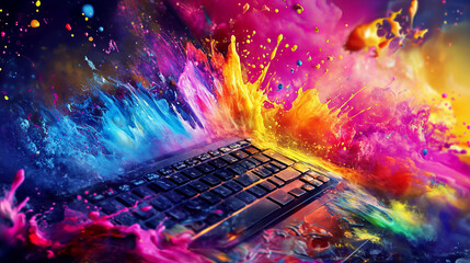 Poster - Online shopping flat vector illustration with a computer keyboard attached to a colorful online store with a sale tag and awning over pink