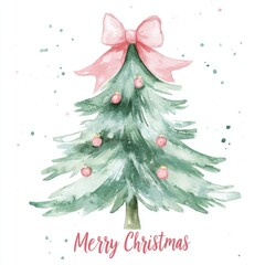 Wall Mural - Watercolor Christmas Tree with Pink Bow