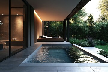 Poster - Elegant Modern Poolside Patio at Luxurious Residence Surrounded by Nature : Generative AI