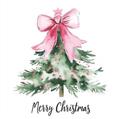 Canvas Print - Watercolor Christmas Tree with Pink Bow