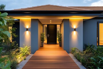 Poster - Elegant House Front with Illuminated Pathway and Modern Minimalist Architectural Design : Generative AI