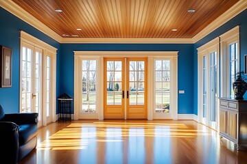 Poster - Luxurious Spacious Sunlit Interior Living Room With Wooden Ceiling And French Doors : Generative AI
