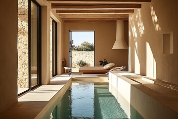 Poster - Minimalist Indoor Pool with Wood Beam Ceiling and Natural Sunlight : Generative AI