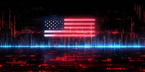 Poster - US Flag in Digital Space with Dynamic Futuristic Lighting : Generative AI