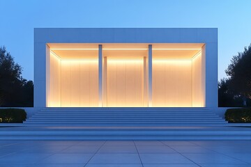 Aufkleber - Modern Minimalist Building with Illuminated Staircase at Dusk : Generative AI