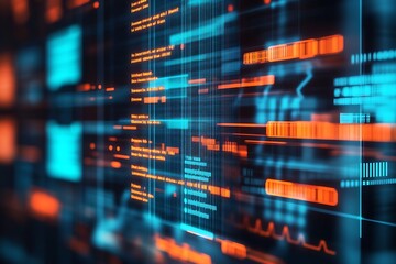 Fototapete - Abstract cyber technology background with flowing data code in blue and orange : Generative AI