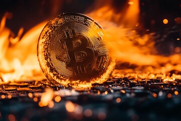 Poster - Fiery Bitcoin Coin in Intense Flames Depicting Cryptocurrency Volatility and High Stakes : Generative AI