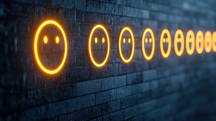Poster - Neon Smiley Faces on Brick Wall in Modern Artistic Style to Enhance Decor
