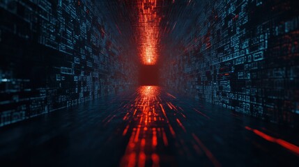 Poster - Futuristic Data Corridor with Glowing Lines and Digital Matrix Elements