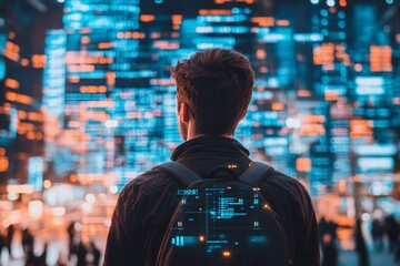 man gazing at digital cityscape, future tech