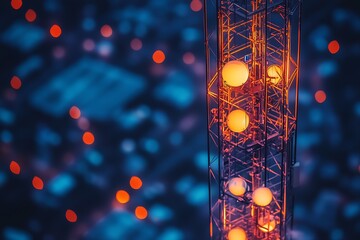 Aufkleber - Communications tower at night with orange lights and bokeh effect over cityscape below : Generative AI