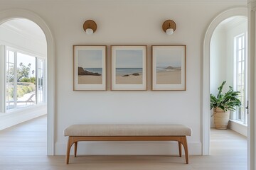Poster - Bright Coastal Inspired Home Interior with Framed Ocean Photographs and Bench : Generative AI