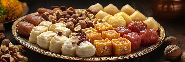 Wall Mural - A beautifully arranged plate of Diwali sweets like jalebi and gulab jamun garnished with nuts golden hues and soft focus