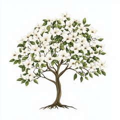 Detailed illustration of a magnolia tree in full bloom, with a thick trunk, lush foliage, and abundant white blossoms.