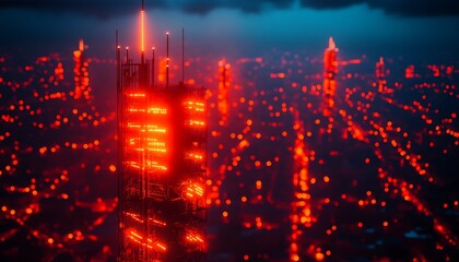 Aufkleber - Dramatic City Skyline at Night with Skyscraper Illuminated by Bright Red Lights : Generative AI