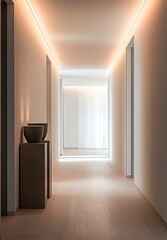 Poster - Elegant Minimalist Interior with Soft Warm Lighting and Sleek Modern Architectural Design : Generative AI
