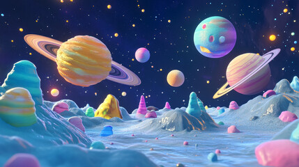 planets and asteroids in outer space, galaxy fantasy world background. ice or water planet with ring