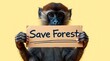 © Agus - Monkey holding a yellow sign with 'Save Forest' text on a yellow background
