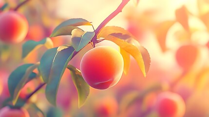 Poster - Closeup of Peach on Branch in Orchard with Sunlight Creating Warm Glow : Generative AI