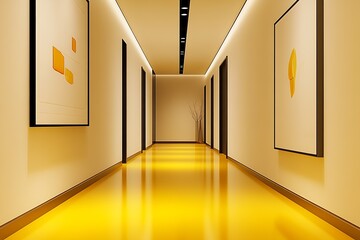 Poster - Chic Hallway Design with Yellow Flooring and Abstract Art Wall Decorations : Generative AI