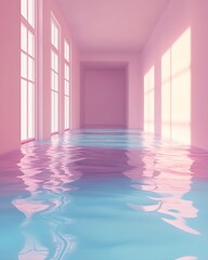 Aufkleber - Minimalist Pink and Blue Water Pool in a Peaceful Sunlit Hallway : Generative AI