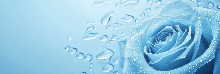 Poster - Detailed Close-Up of a Delicate Blue Rose with Water Droplets Glimmering on Its Petals Against a Soft Blue Background