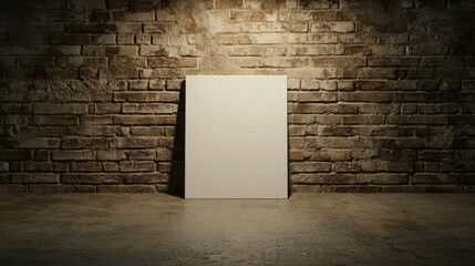 Poster - Empty White Canvas Leaning Against Textured Brick Wall in Dim Light