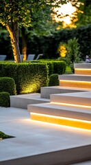 Poster - Sophisticated LED Lit Outdoor Stairs amidst Manicured Garden at Sunset : Generative AI