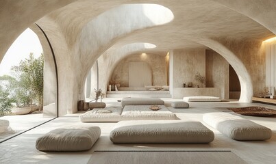 Sticker - Beige room, arched ceilings, floor cushions, minimalist design.