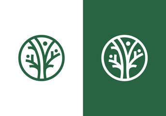 Fototapete - line art nature logo vector design of tree and man or person inside circle, abstract tree logo symbol inside circle	
