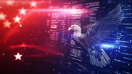 Aufkleber - Digital Mesh Eagle Soaring Against Futuristic Technology Background with Red White and Blue Lights : Generative AI