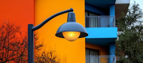 Wall Mural - Illuminated street lamp against a vibrant orange and blue building.