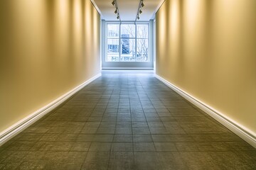 Aufkleber - Long Bright Corridor with Elegant Ceiling Lighting and Large Glass Window : Generative AI