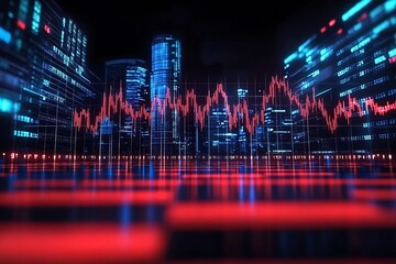 Poster - Digital cityscape with data wave visualization against a futuristic skyline : Generative AI