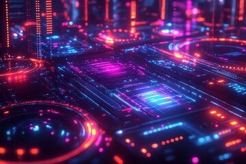 Aufkleber - Abstract Digital Landscape with Neon-Powered Dynamic Technology Patterns : Generative AI