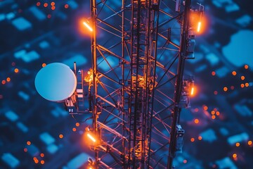 Aufkleber - Telecommunications tower with bright lights at night over vibrant city streets and glowing bokeh effect : Generative AI