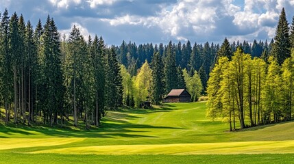 Wall Mural - Tranquil golf course nestled in a lush pine forest.